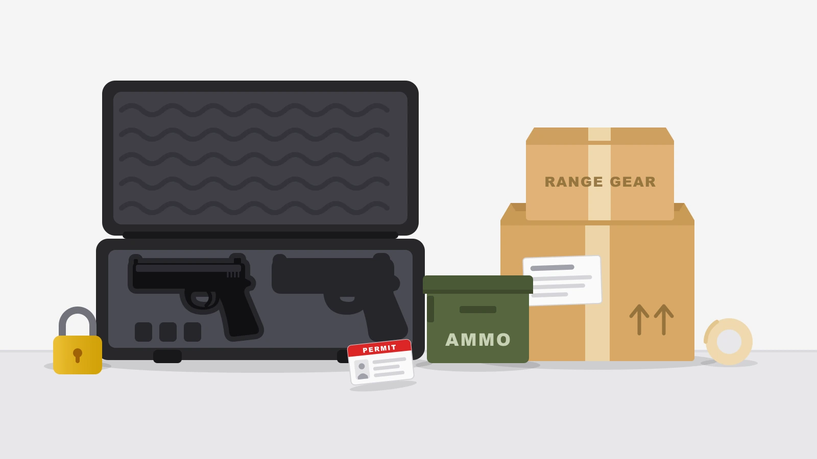 Illustration of pistols in a foam-lined locked case beside an ammo can, moving boxes, padlock, and permit card